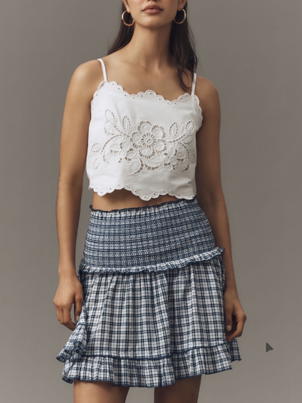 NWT: Blue & White Checked Smocked Flounce Mini Skirt (S) by Maeve